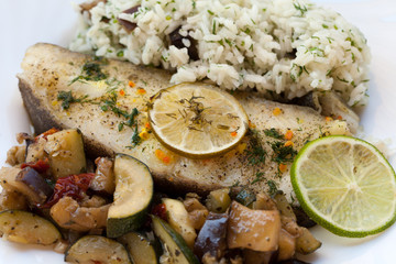 Fish with rice and eggplant