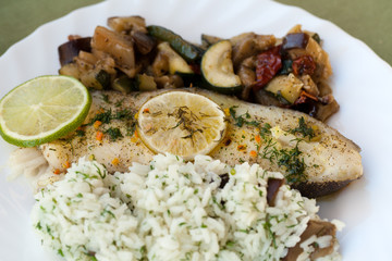 Fish with rice and eggplant
