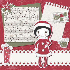 Vector Christmas and New Year scrapbook card with cute girl