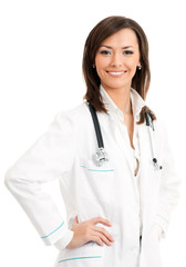 Happy smiling female doctor, over white