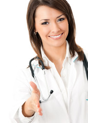 Doctor giving hand for handshaking, over white