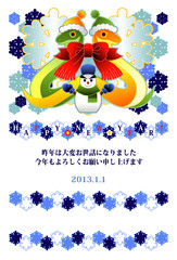 2013年巳年完成年賀状テンプレート（雪達磨とリボンマフラーカラフル）