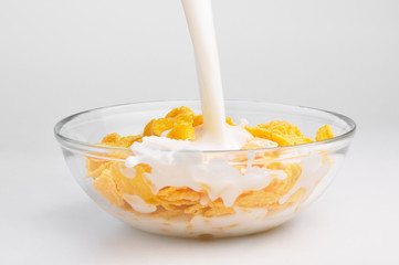 milk stream flowing to the bowl with corn flakes