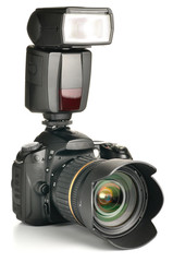 photo camera with an external flash attached