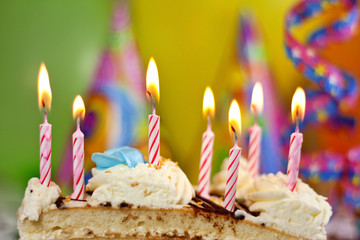 Birthday cake and candles colorful background