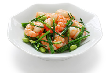 stir-fry flowering chinese chives with prawns and edamame - obrazy, fototapety, plakaty