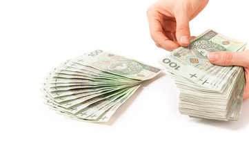 Hand giving money from poland to use in business