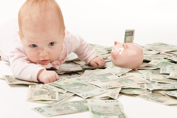 Paper money from poland and little child