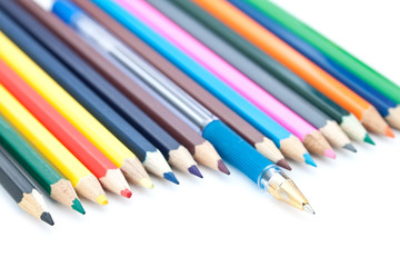 Colored pencils and pen.