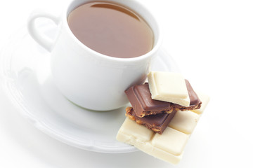 bar of chocolate and tea isolated on white