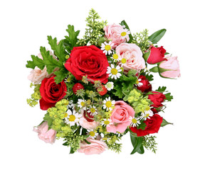 Blumenstrauß mit Rosen, Kamille, Walderdbeeren