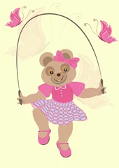 Photo sur Plexiglas Ours Fille d& 39 ours dans une robe cramoisie et des papillons