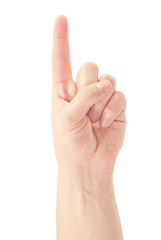 Male hand isolated on white background showing one finger