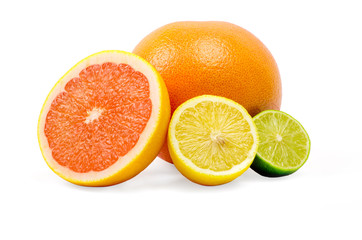 image of a fresh whole lime,lemon and orange isolated on white