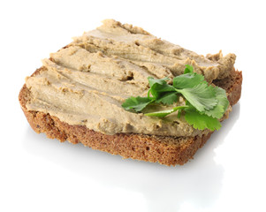 Fresh pate on bread isolated on white