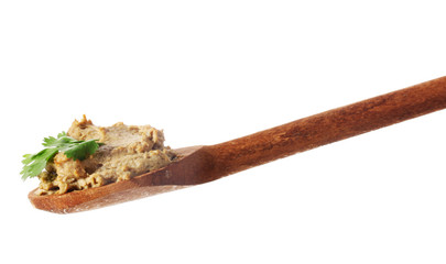 Pate in wooden spoon isolated on white