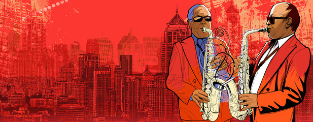 two saxophonist over a background panoramic view of modern city