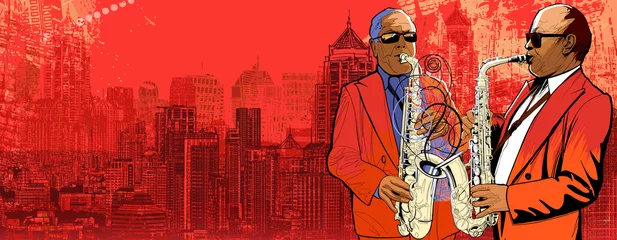 Poster two saxophonist over a background panoramic view of modern city © Isaxar