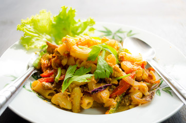 fried macaroni with pork chicken and vegetable