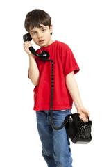 little boy on the phone, isolated on white background