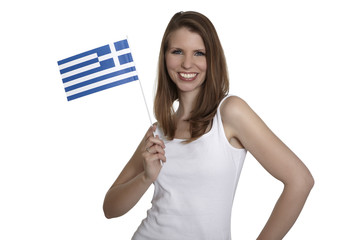 Attractive woman shows Greece flag and smiles