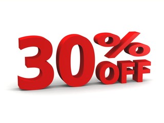 thirty percent off in red 3d letters