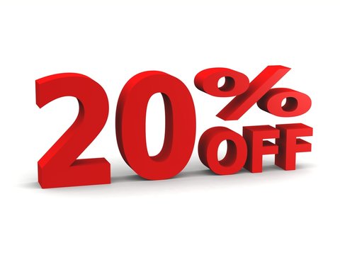twenty percent off in red 3d letters