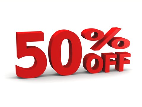 fifty percent off in red 3d letters