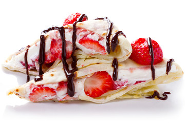 Delicious mascarpone cheese pancakes with fresh strawberries