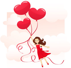Cheerful girl flying on heart balloons