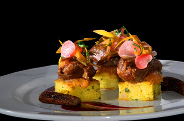 Pigs cheeks with potato cake, new nordic cooking from denmark