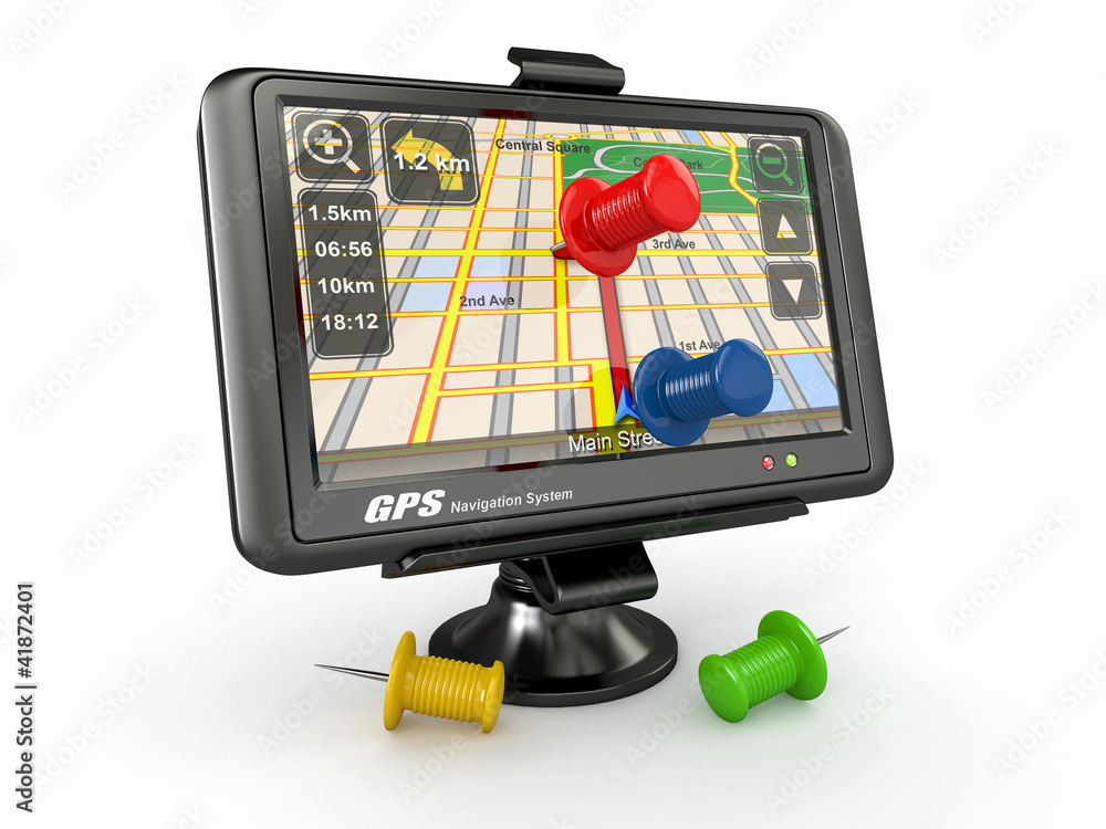 Poster gps. global positioning system and thumbtacks