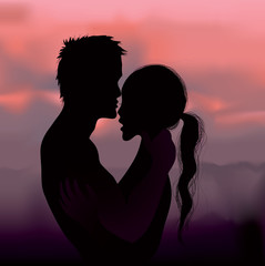 Summer romance / Kissing couple silhouette at sunset