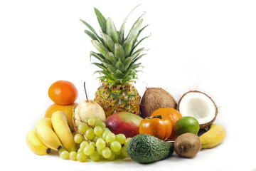 exotic and tropical fruits on white background