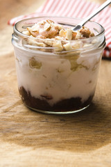 Sweet dessert in glass jar - strawberry cake