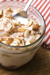 Sweet dessert in glass jar - strawberry cake