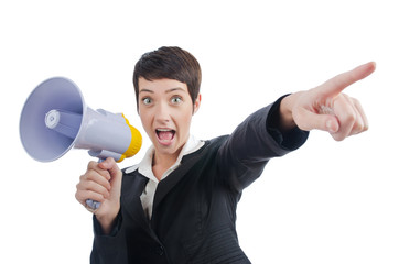 Young business lady screaming to loudspeaker