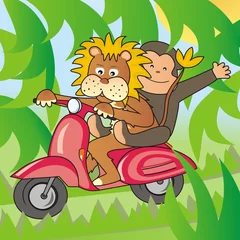 Fotobehang leeuw en een aap op een fiets © janista