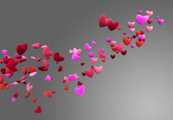 background of a group of flying pink velvet hearts on gray