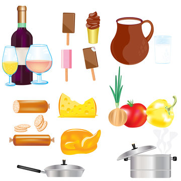 Varied food and drink on white background