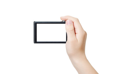 Hand holding digital camera, rear view