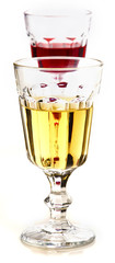 Glasses of white and red wine.