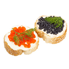 sandwiches with black caviar and red caviar, isolated on white b