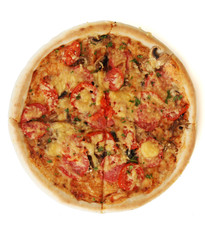 delicious pizza with sausage and vegetables isolated on white