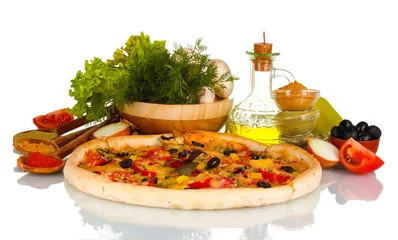 Deurstickers delicious pizza, vegetables, spices and oil isolated on white © Africa Studio