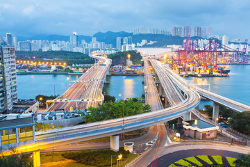 City scene night traffic in Hong Kong