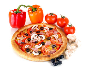 Aromatic pizza with vegetables and mushrooms isolated on white