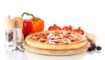 Aromatic pizza with vegetables and mushrooms isolated on white
