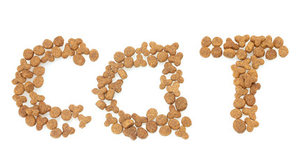 Inscription Cat of dry cat food isolated on white