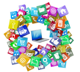 Naklejka premium 3d cloud computing database network isolated media icons laptop